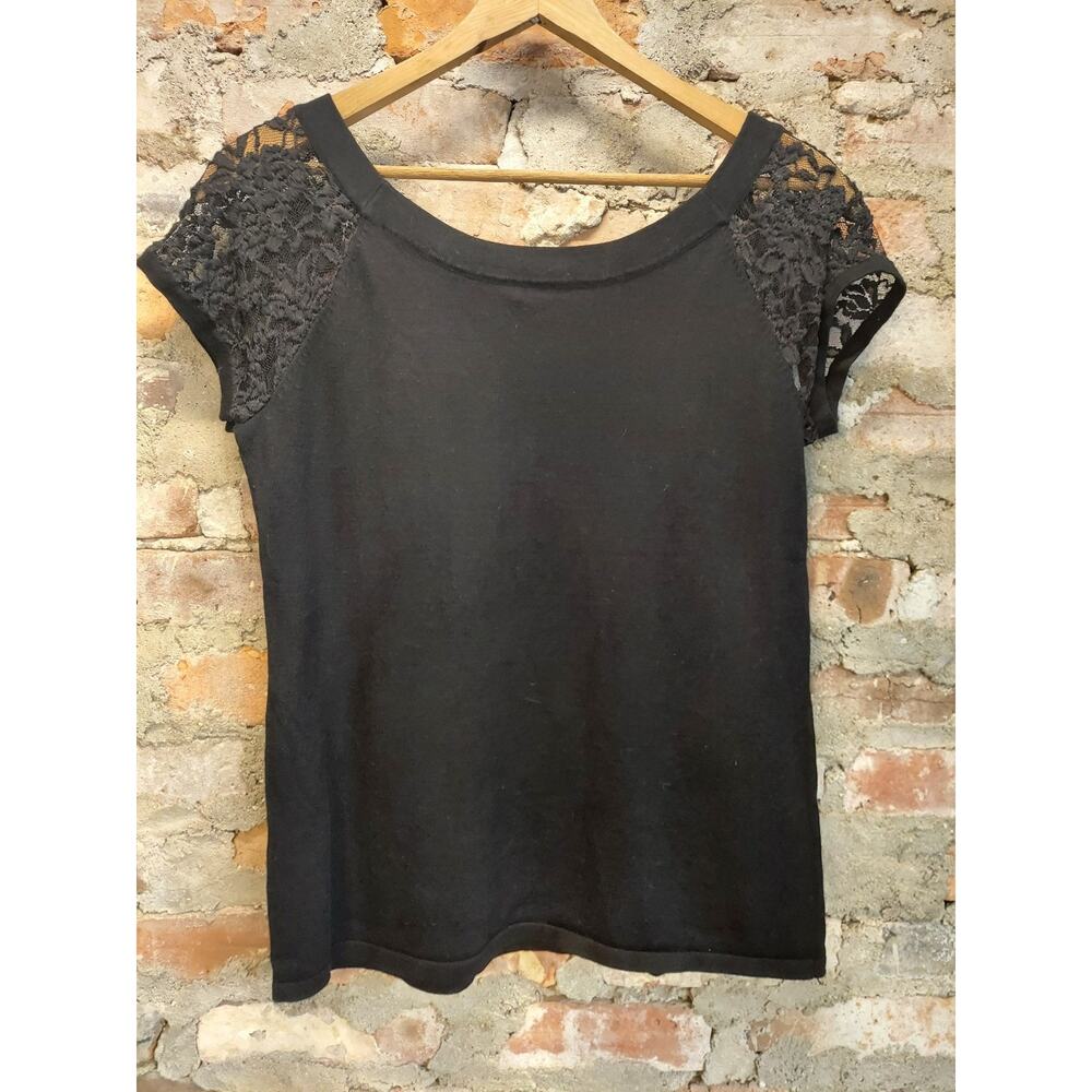 Cable & Gauge Womens Black Shirt Top M Lace Short Sleeve Scoop Neck Knit - Picture 2 of 3